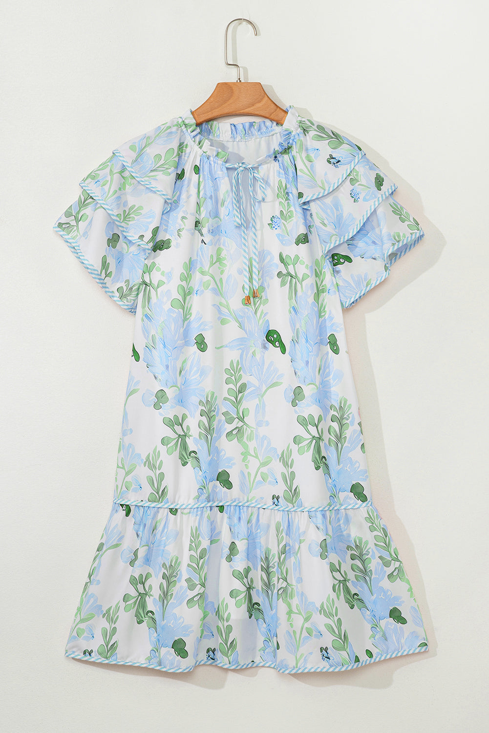 Mini-robe à manches courtes superposées et à bordures contrastées bleu ciel