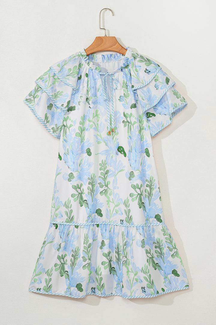 Mini-robe à manches courtes superposées et à bordures contrastées bleu ciel