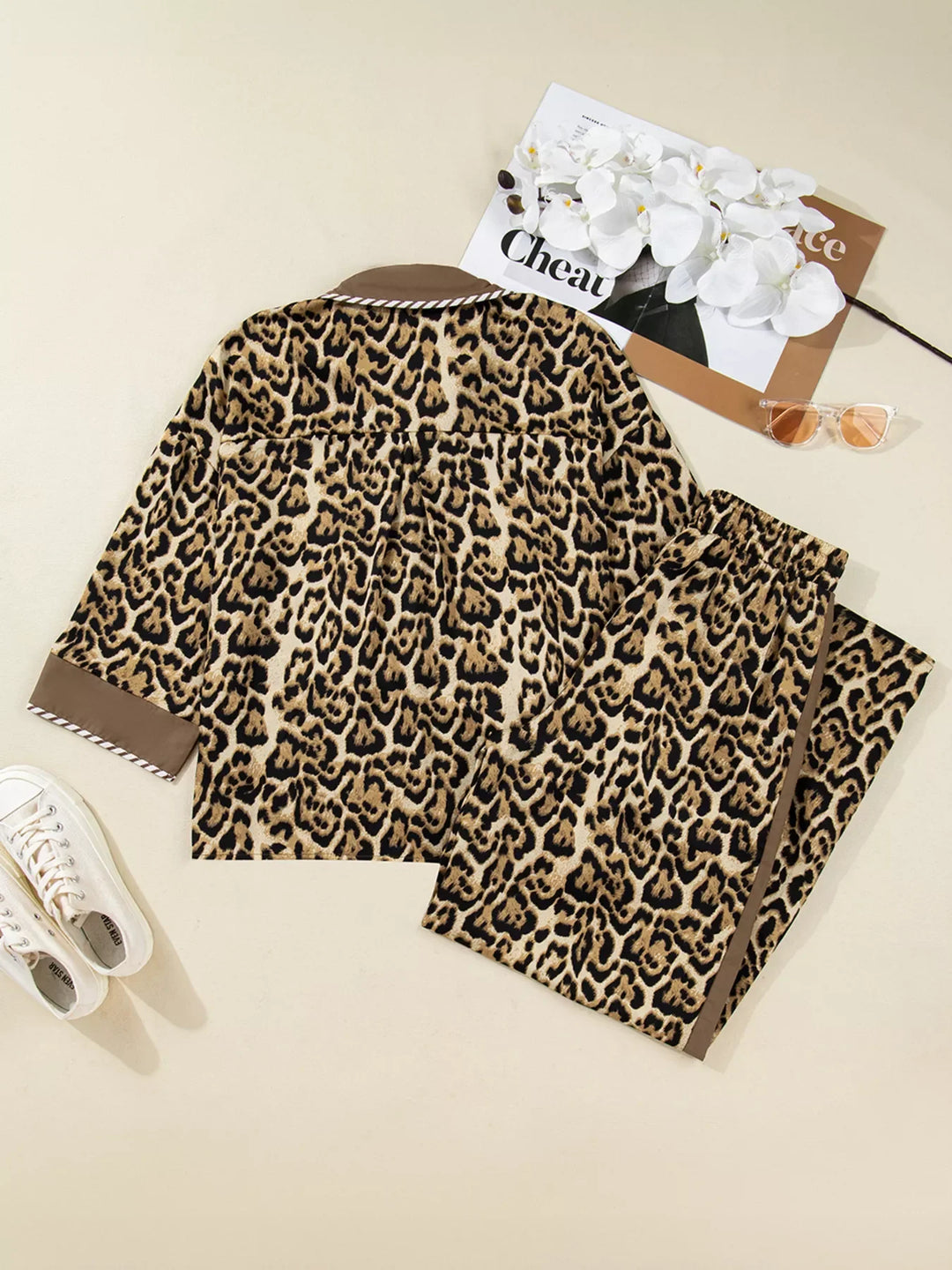 Leopard Collared 3/4 Sleeve Shirt and Loose Pants Two Piece Outfit Set
