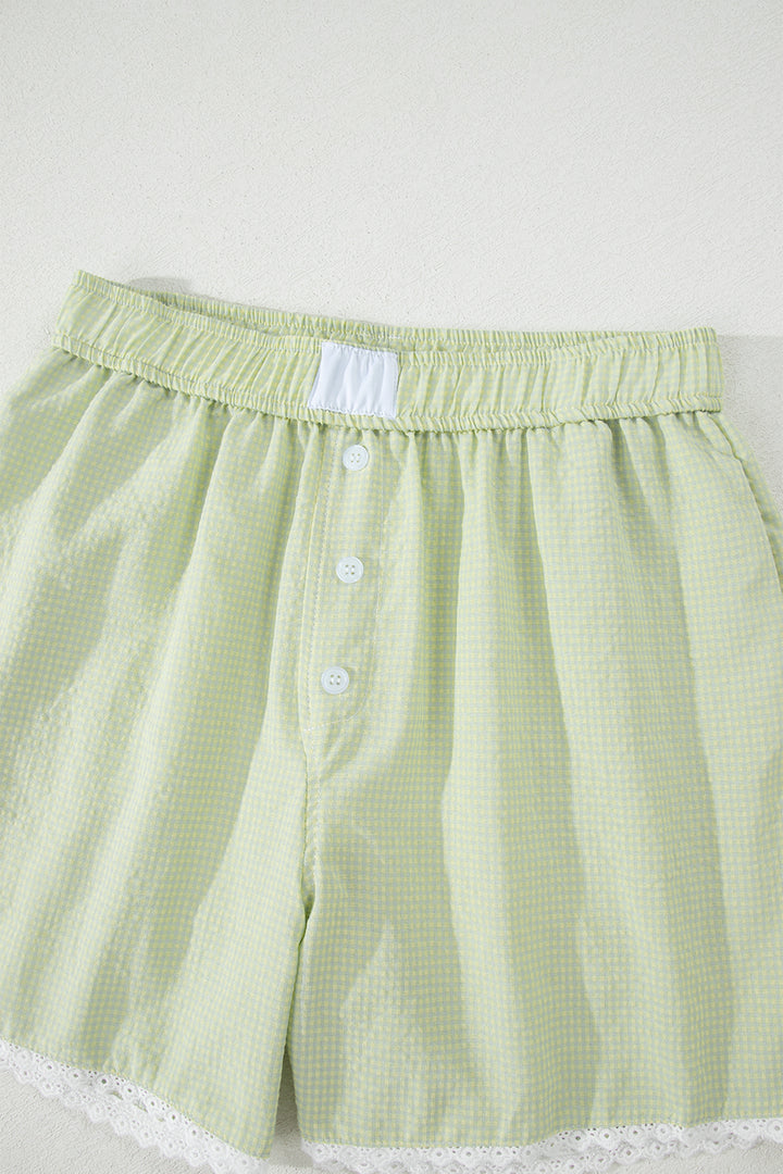 Green Gingham Plaid Button Detail Lace Trim Boxer Shorts