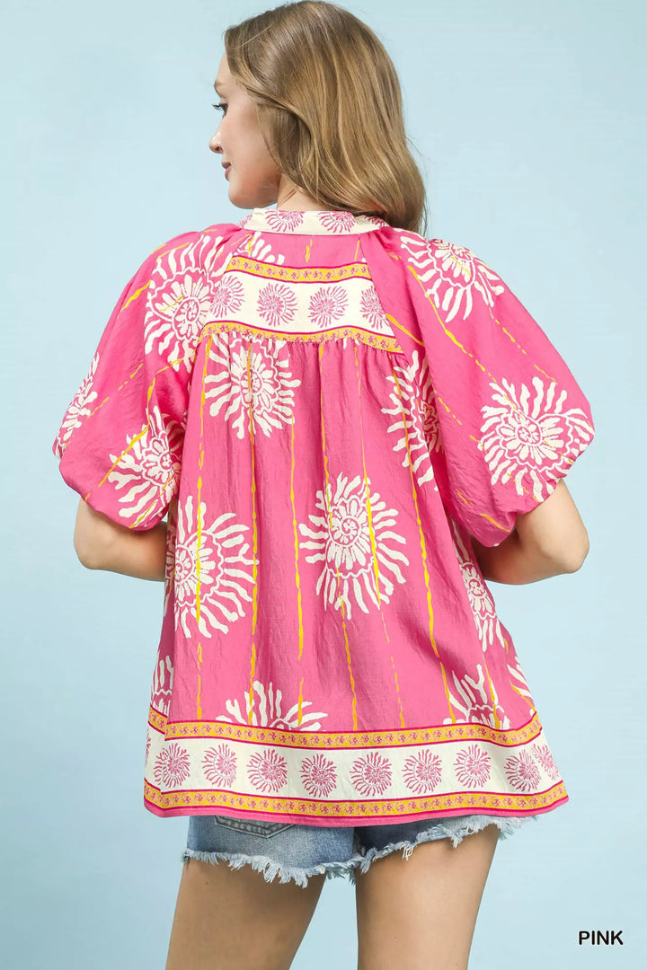Umgee Floral Border Smocked V-Neck Boho Blouse