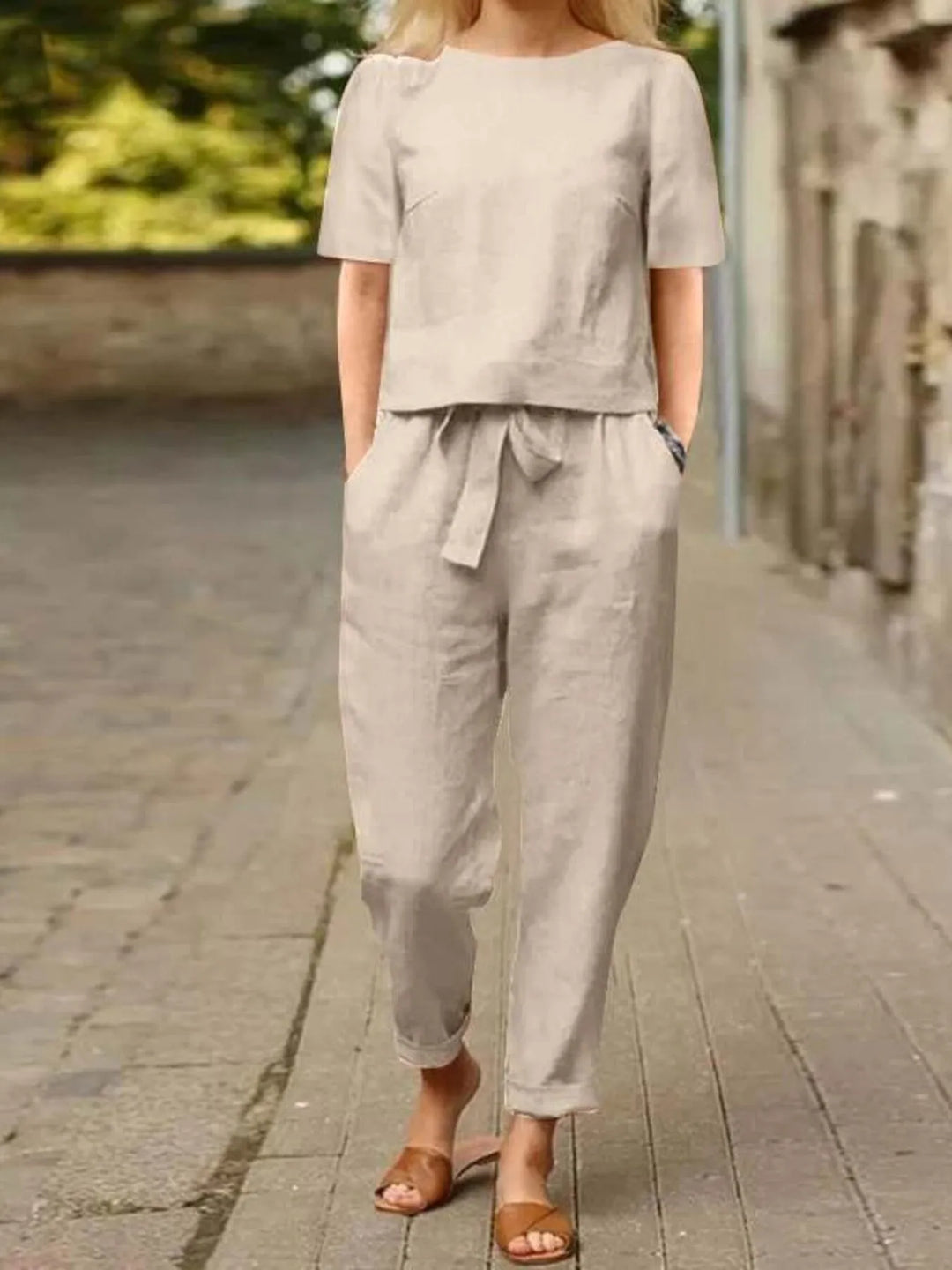 Full Size Round Neck Short Sleeve Top and Pants Set Plus Size