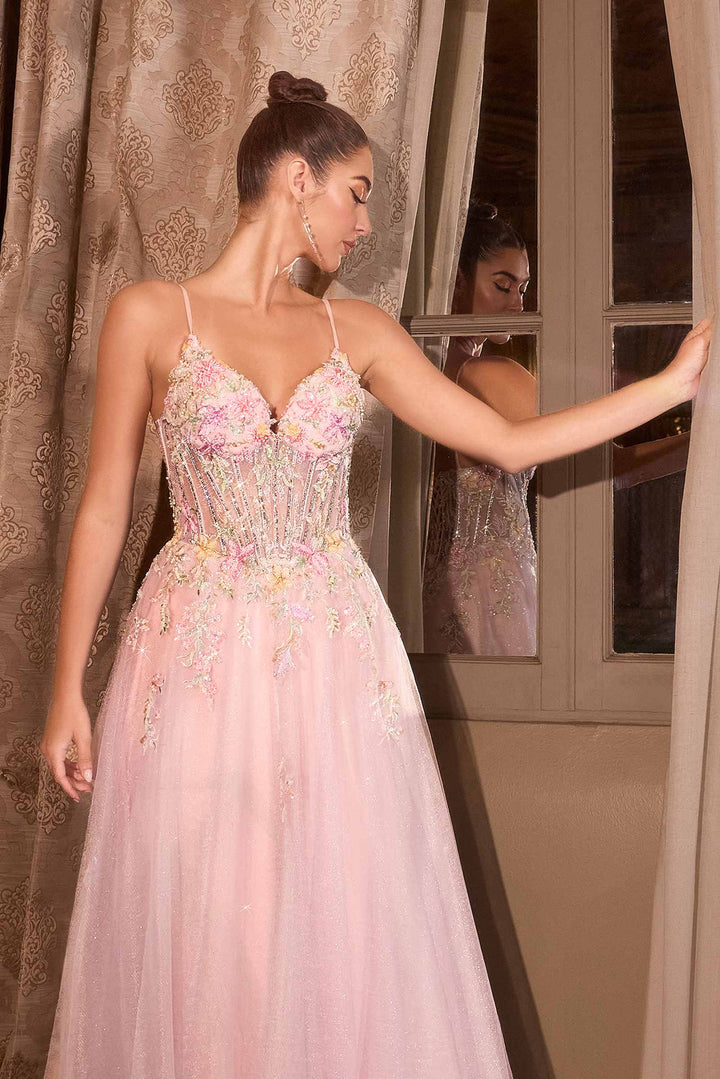 Andrea & Leo A1477 Deep V-Neck Floral Print Applique A-Line Ball Gown
