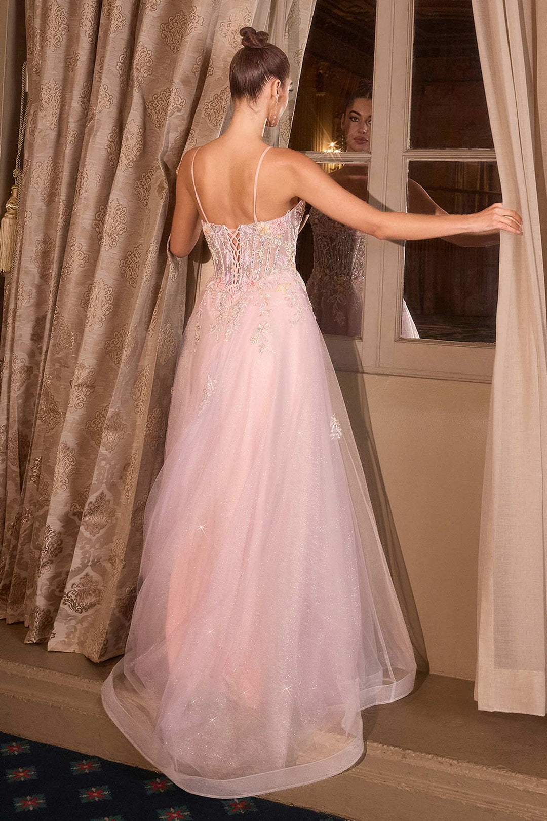 Andrea & Leo A1477 Deep V-Neck Floral Print Applique A-Line Ball Gown