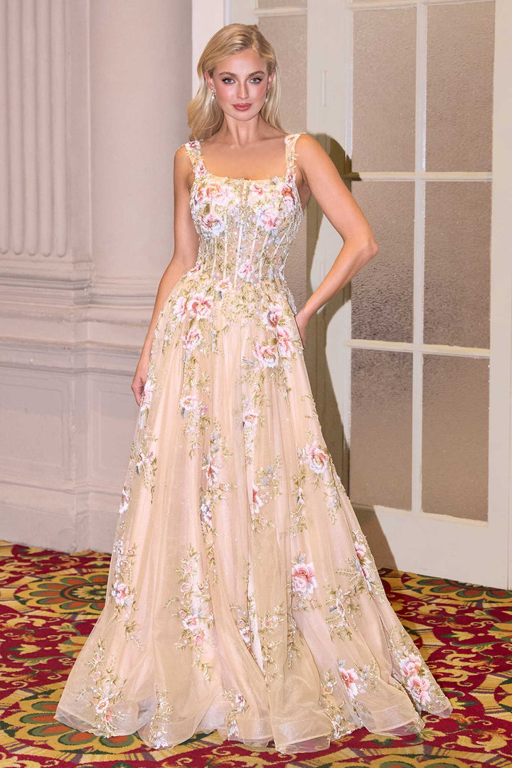 Andrea & Leo A1480 Long A-Line Floral Embroidered Straps Tulle Gown