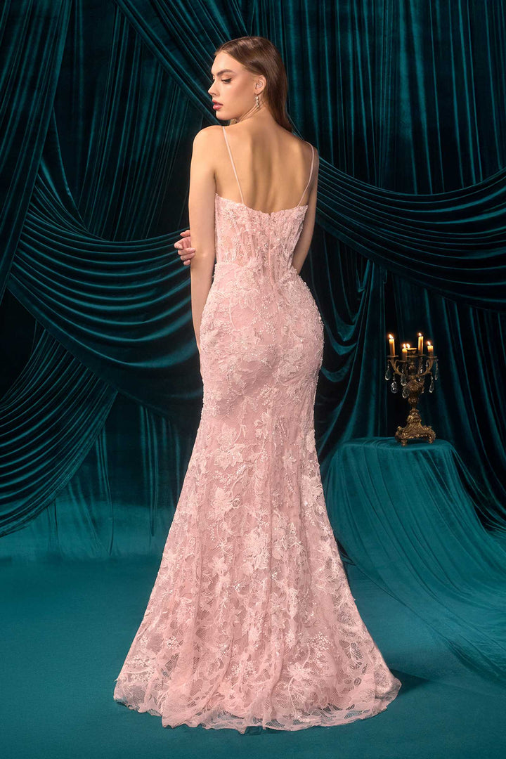 Andrea & Leo A1499 Ethereal Floral Lace Thigh High Slit Fitted Lace Gown
