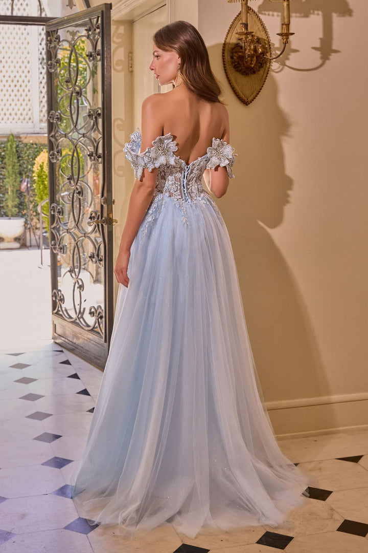 Andrea & Leo A1512 Light Blue Off-Shoulder Floral Applique Tulle Gown with Slit