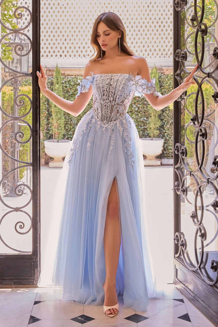 Andrea & Leo A1512 Light Blue Off-Shoulder Floral Applique Tulle Gown with Slit