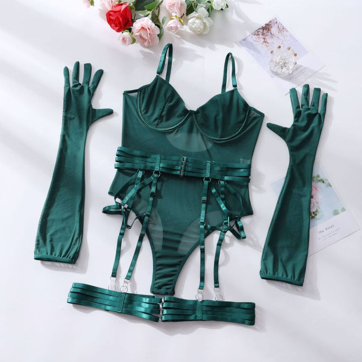 Women's Sexy One-Piece Bodysuit with Gloves and Bandage See-Through Mesh Suit