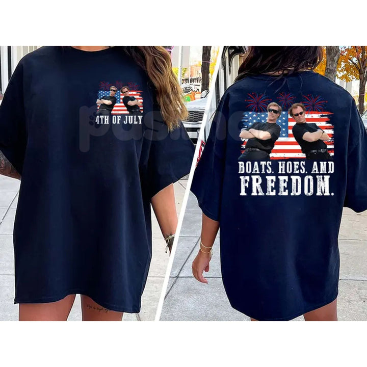 "Boats, Hoes & Freedom" Step Brothers 4th of July T-Shirt – Funny 2-Side Patriotic Graphic Tee, Premium 100% Cotton Independence Day Top, Sarcastic USA Summer Party Apparel, Made in USA