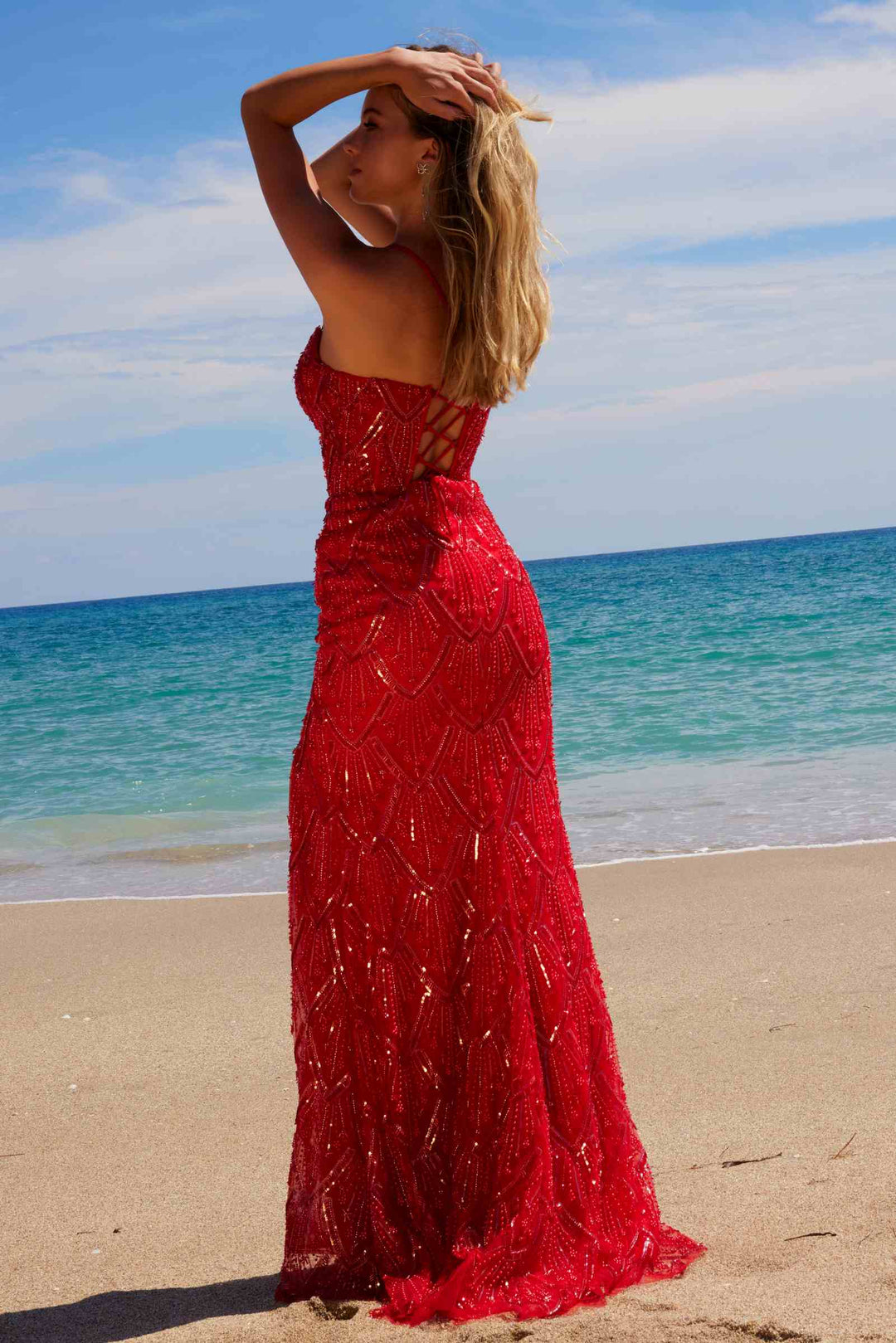 Nox Anabel C1616 Beaded Tulle Lace-Up Dress with Slit