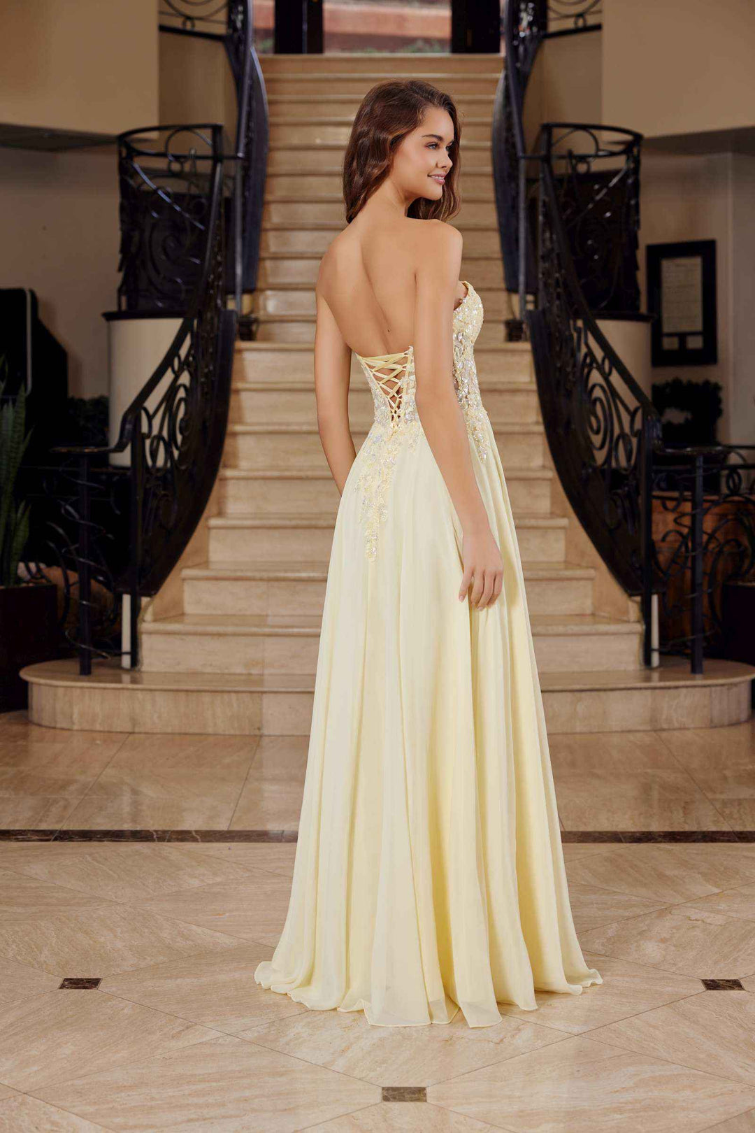 Nox Anabel C1617 Strapless Applique Corset with Chiffon Skirt Dress