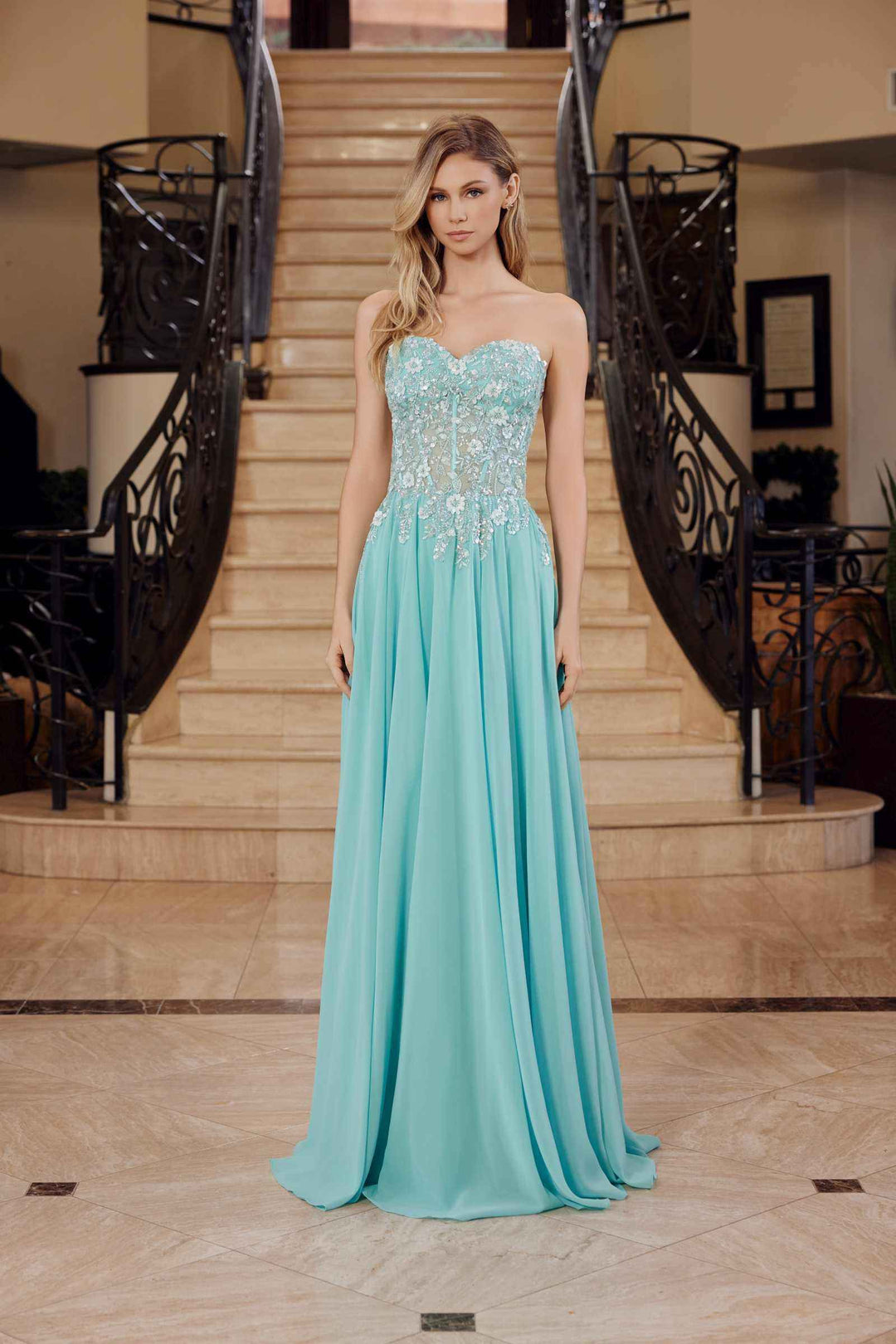 Nox Anabel C1617 Strapless Applique Corset with Chiffon Skirt Dress