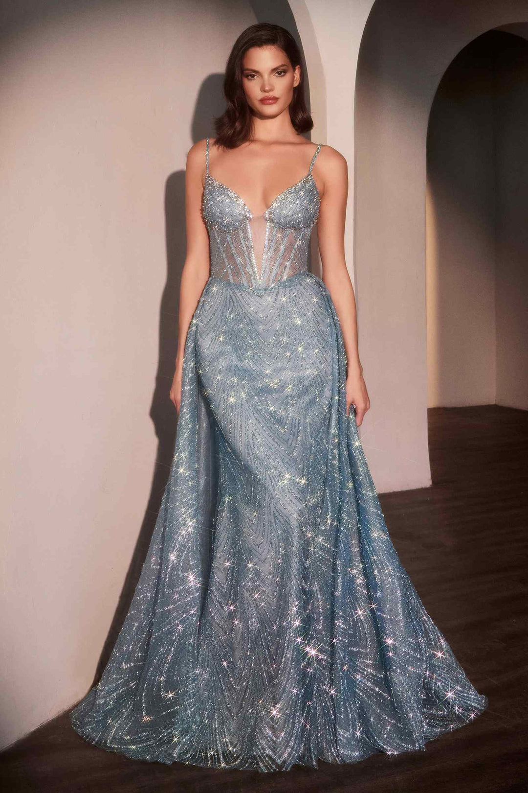 Ladivine C167 Dress Glitter Printed Fitted Gown With Overskirt