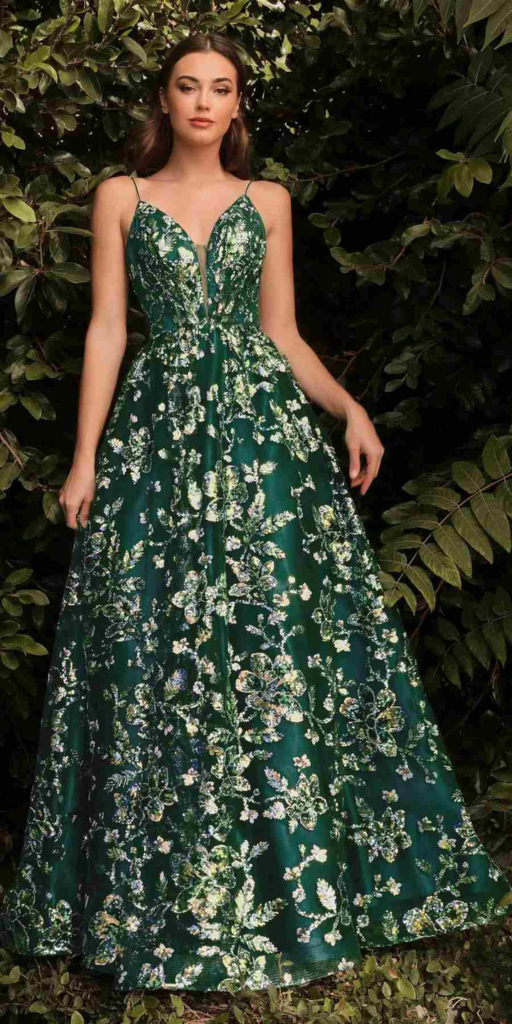 Cinderella Divine CB073 Floor Length Luminescent Floral Sequin Print Ball Gown