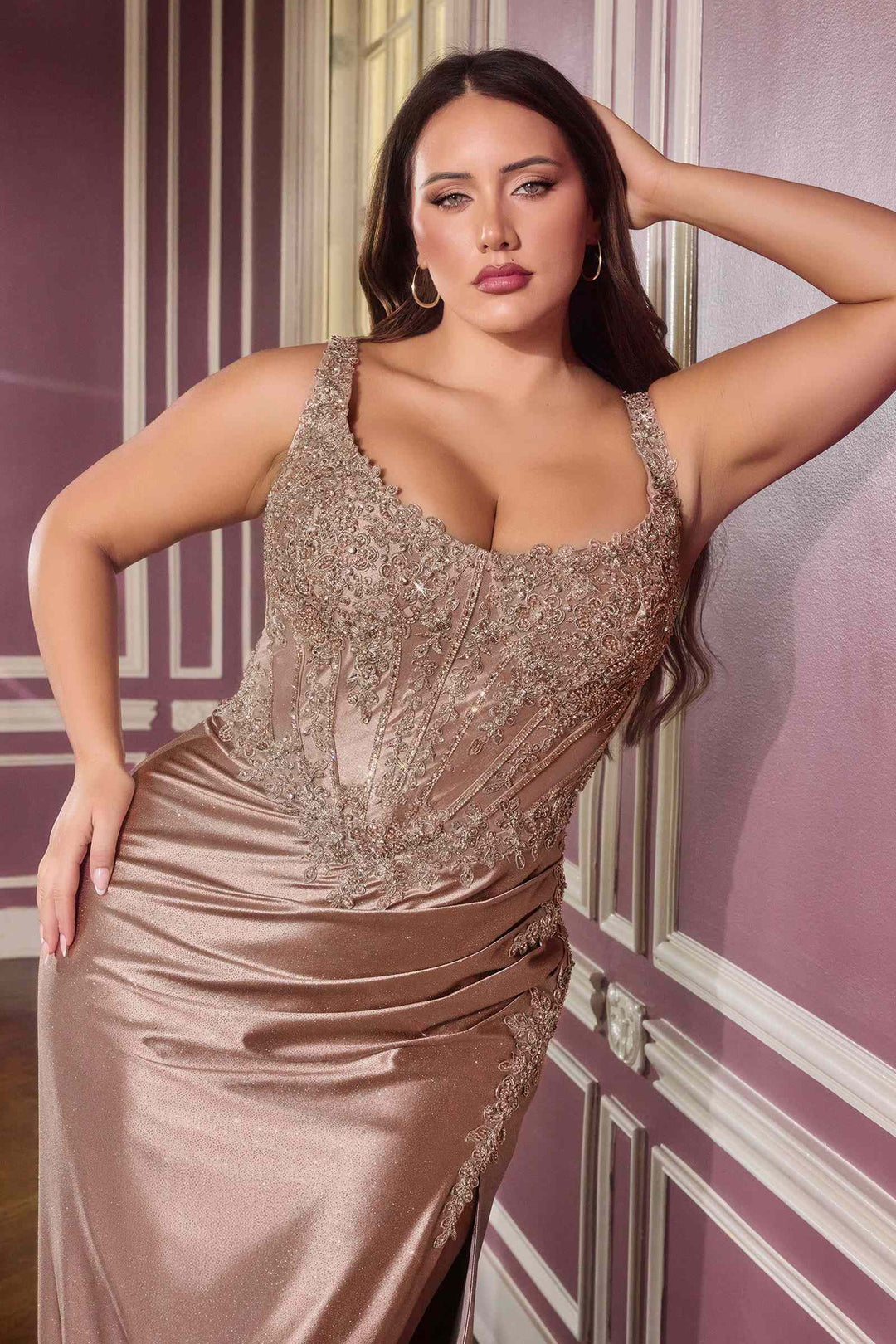 CLEARANCE - Ladivine CC475C Strapless Fitted Plus Size Mocha Gold Gown (Size 24)