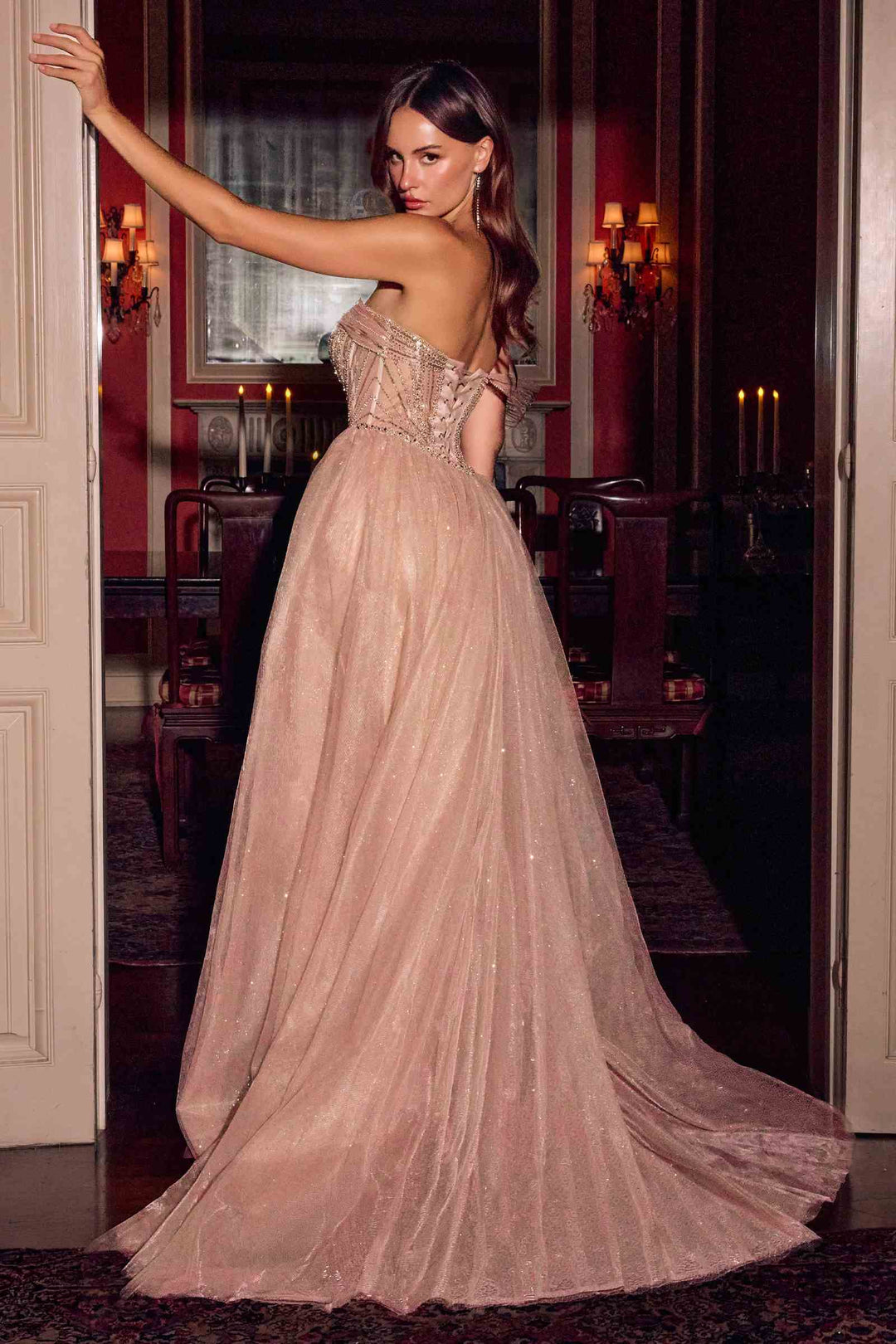 Ladivine CC506 Strapless Embellished Fitted Gown with Tulle Overskirt