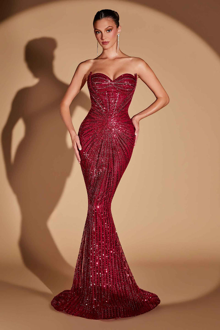 Ladivine CD0108 Fitted Strapless Crystal Embellished Mermaid Gown