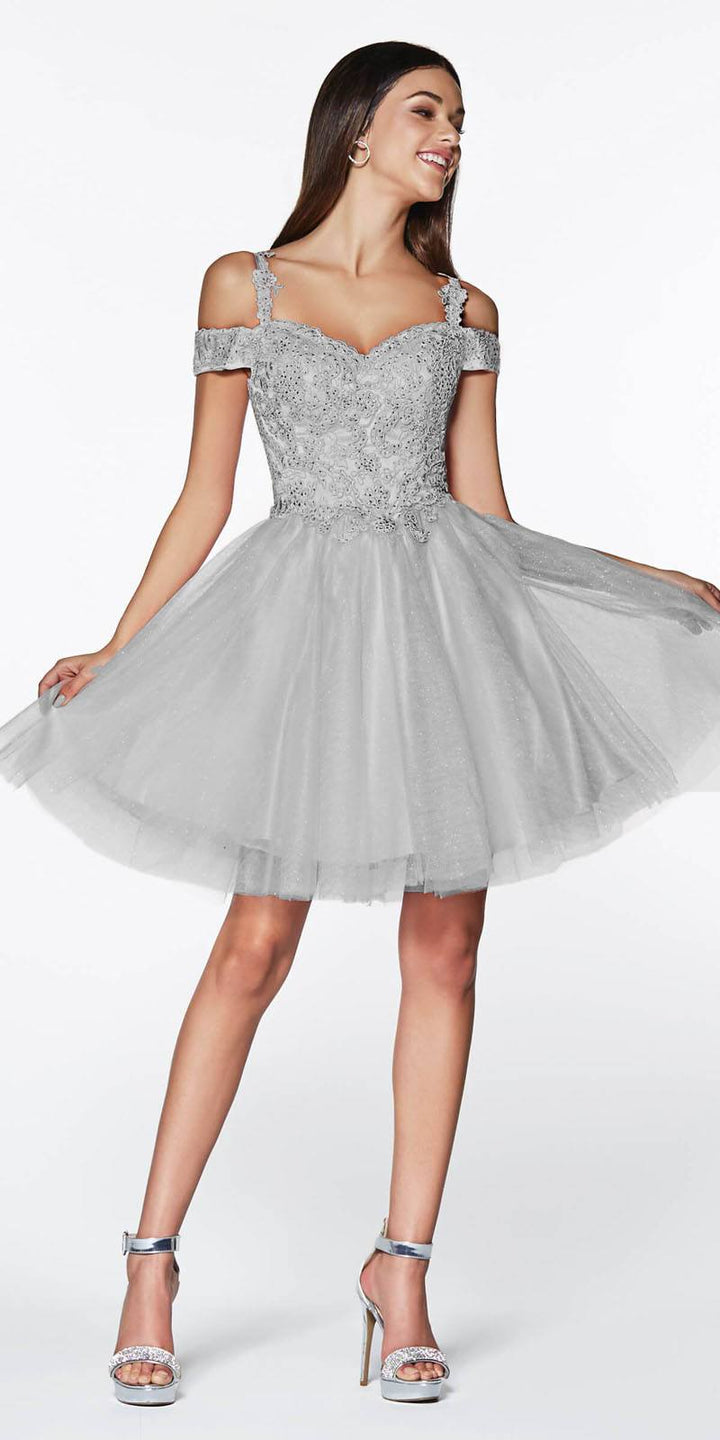 Cinderella Divine CD0132 Short A-Line Dress Off The Shoulder Glitter Tulle Skirt
