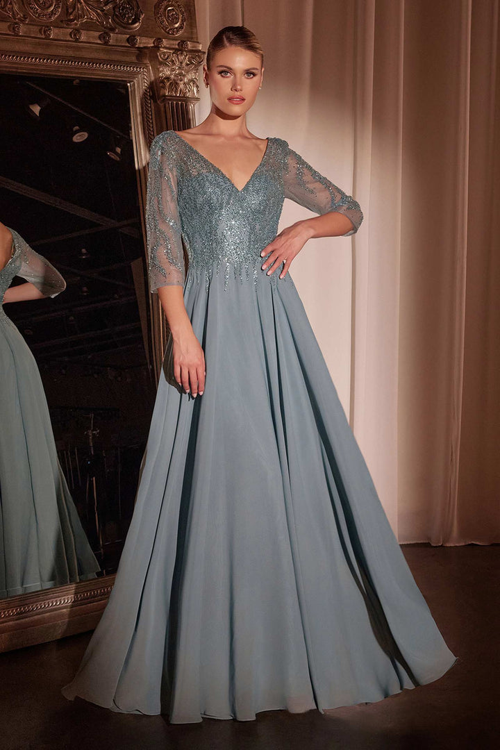 Cinderella Divine CD0171 Flowy Chiffon A-Line Gown 3/4 Length Sleeves