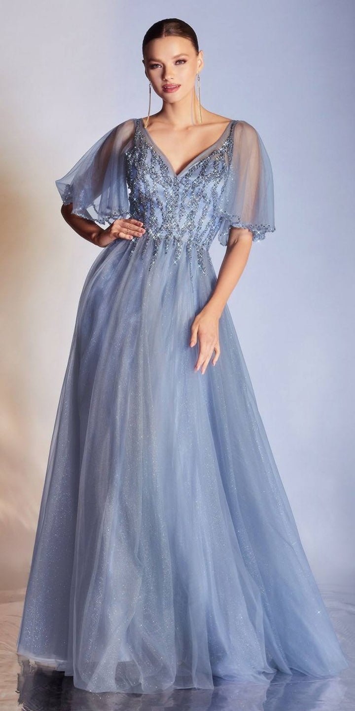 Cinderella Divine CD0175 Floor Length Layered Tulle A-Line Gown Butterfly Sleeve