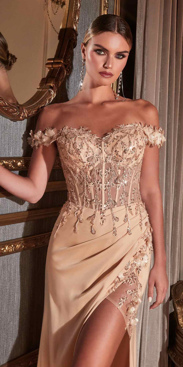 Cinderella Divine CD0186 Long Floral Off the Shoulder Gown with Slit