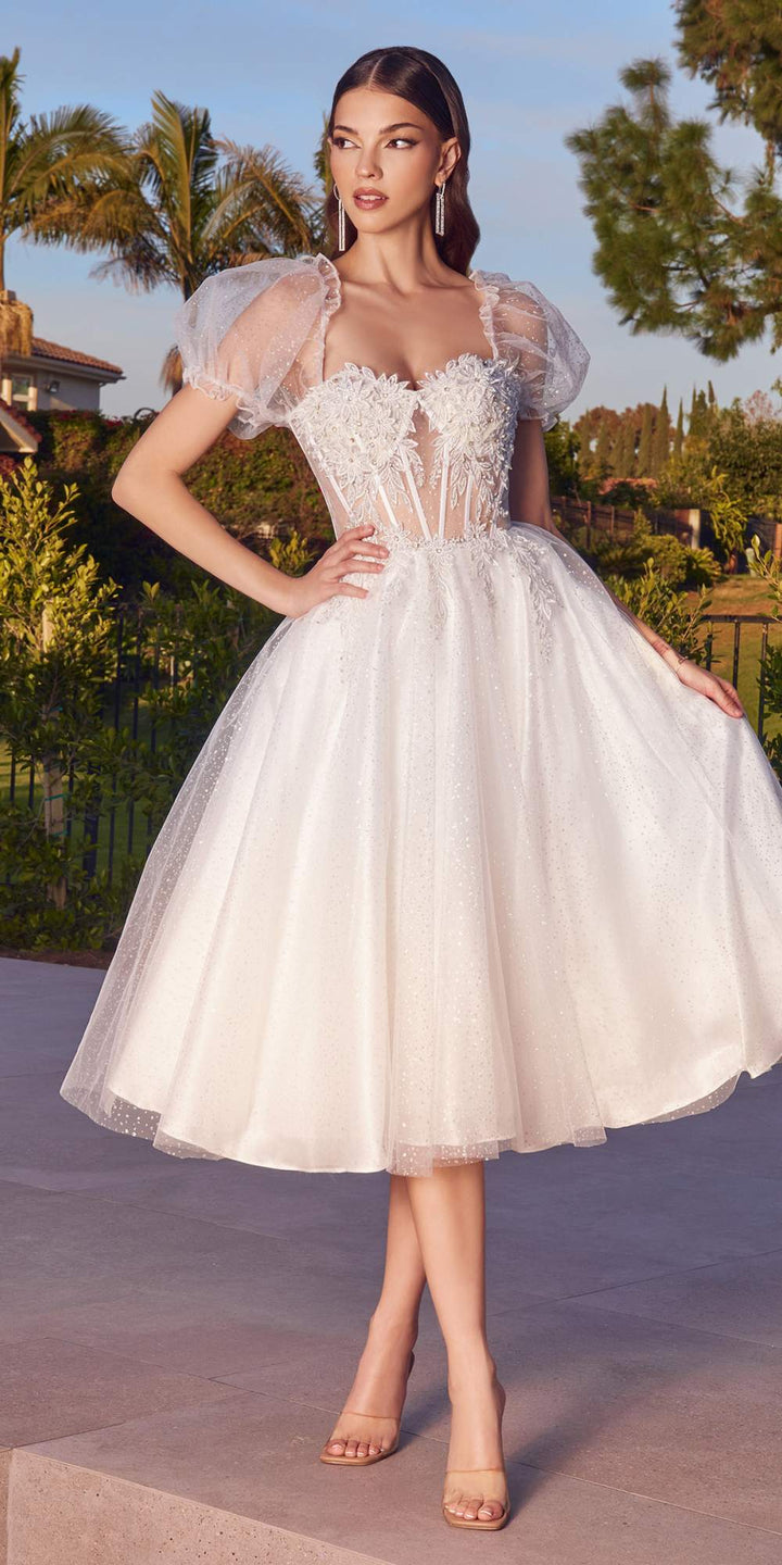 Cinderella Divine CD0187 Tea Length Layered Tulle Dress with Short Puff Sleeves