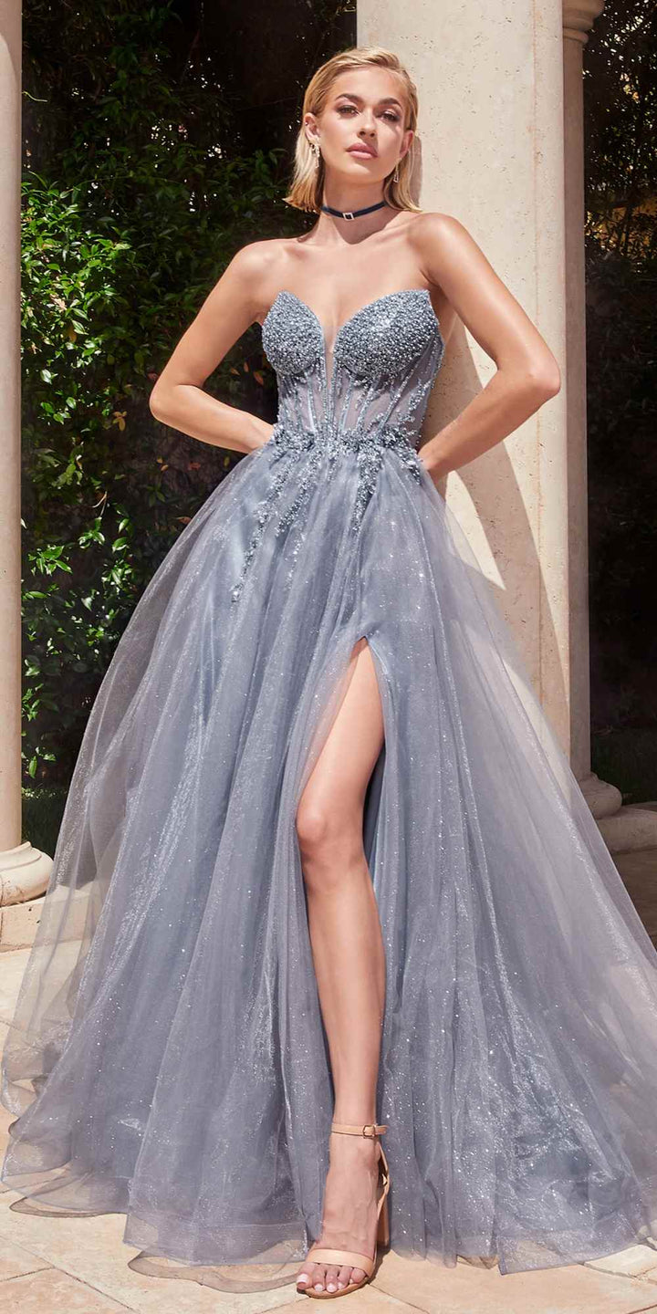Ladivine CD0230 Long Strapless Layered Tulle Leg Slit Ballgown