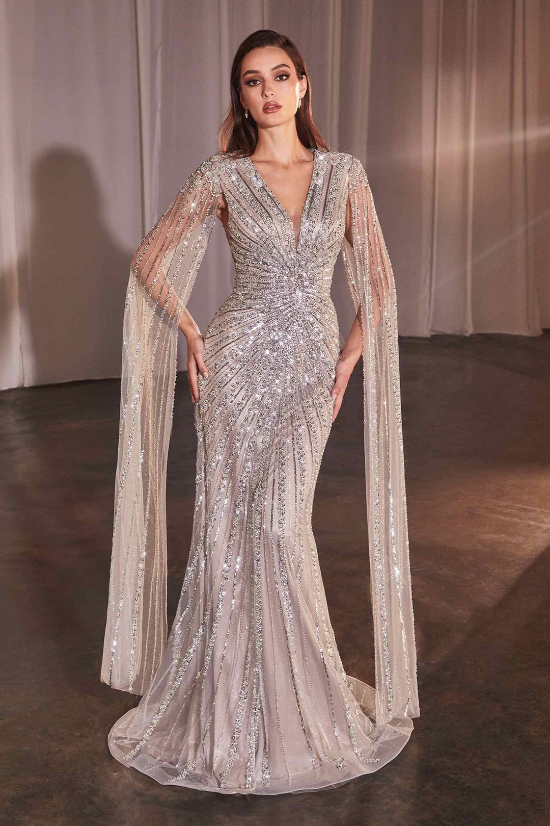 Ladivine CD0239 Long Sleeve Fully Beaded Sheath Gown