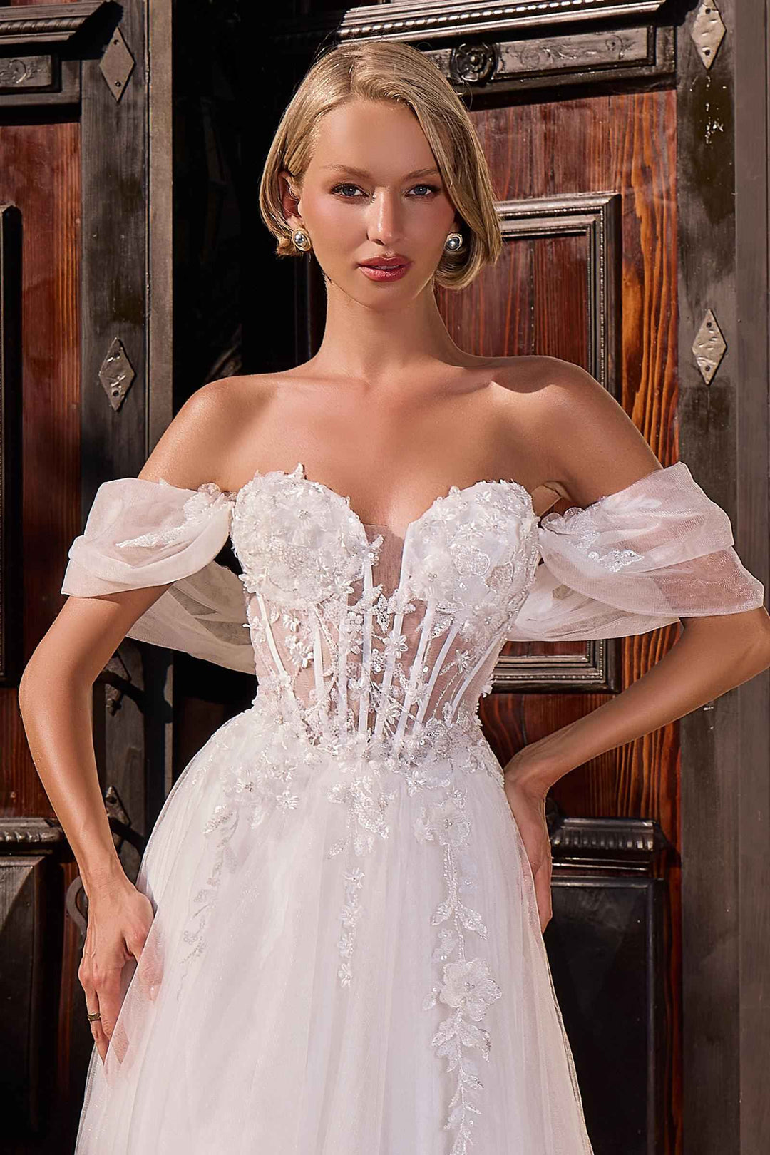 Ladivine CD2426W Off-Shoulder Corset Tulle Ball Gown with Floral Applique