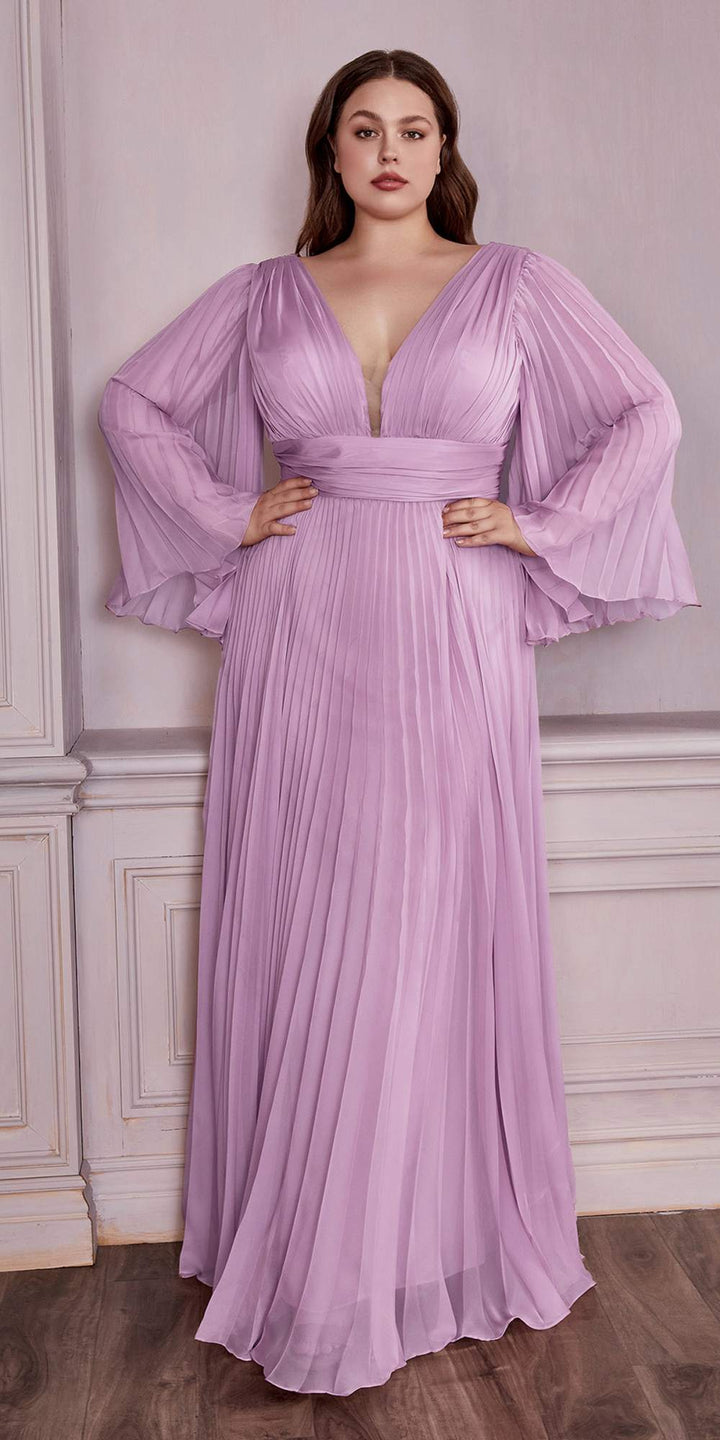 Cinderella Divine CD242C Pleated Chiffon Long Sleeve Gown