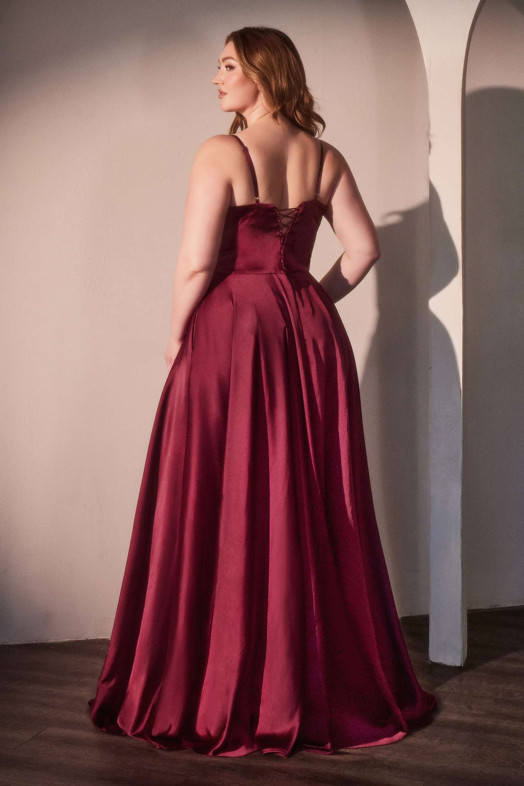 Ladivine CD337C Long A-Line Slit Satin Bustier Prom Dress
