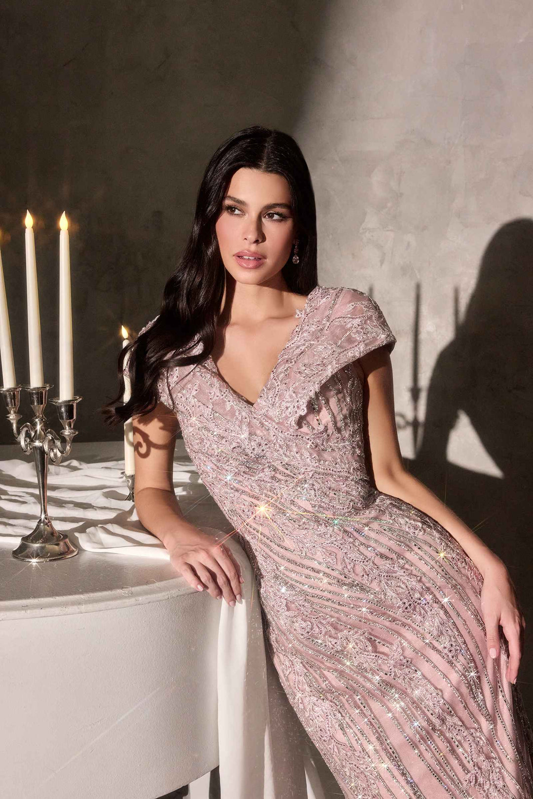 Ladivine CD698 Long Cap Sleeve Mother of the Bride V-Neckline Dress