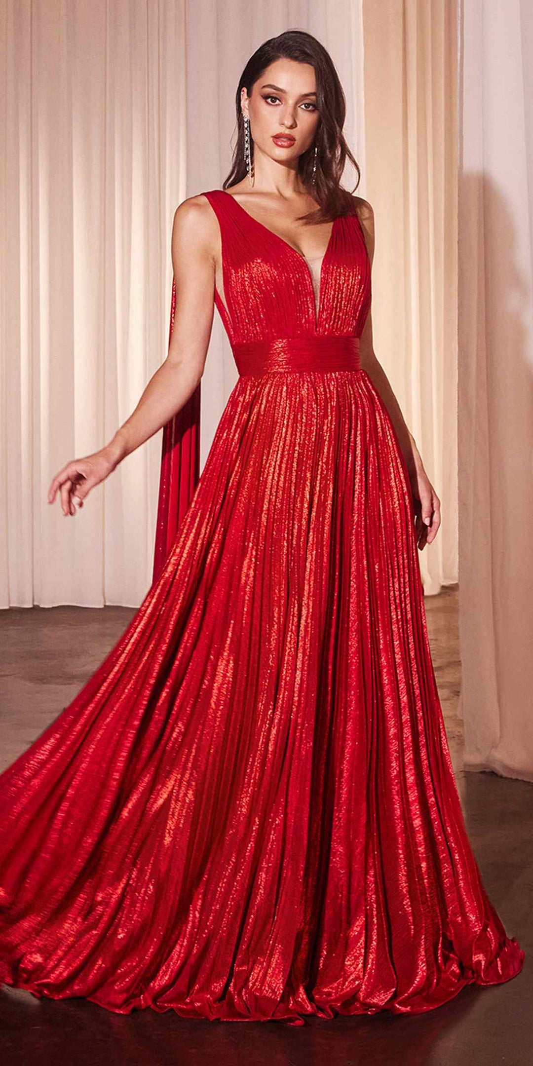Ladivine CD802 Metallic Pleated A-Line Gown Cape Sash