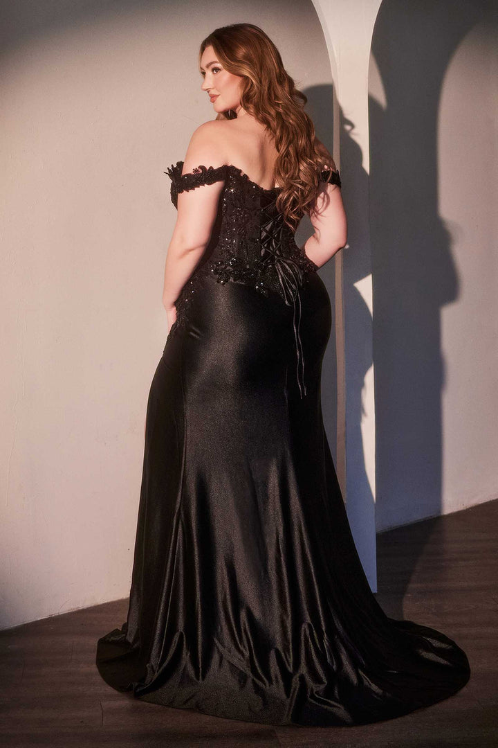 CLEARANCE - Ladivine CDS537C Off The Shoulder Lace & Satin Black Dress (Size 20)