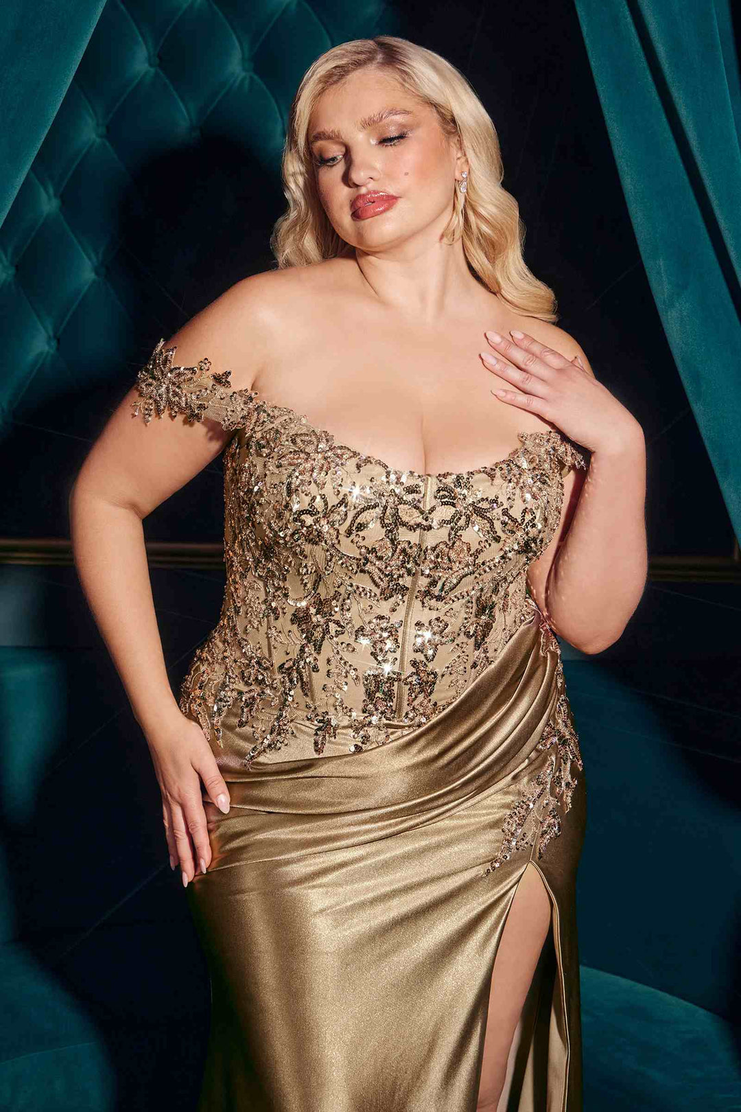 CLEARANCE - Ladivine CDS537C Off The Shoulder Lace & Satin Black Dress (Size 20)