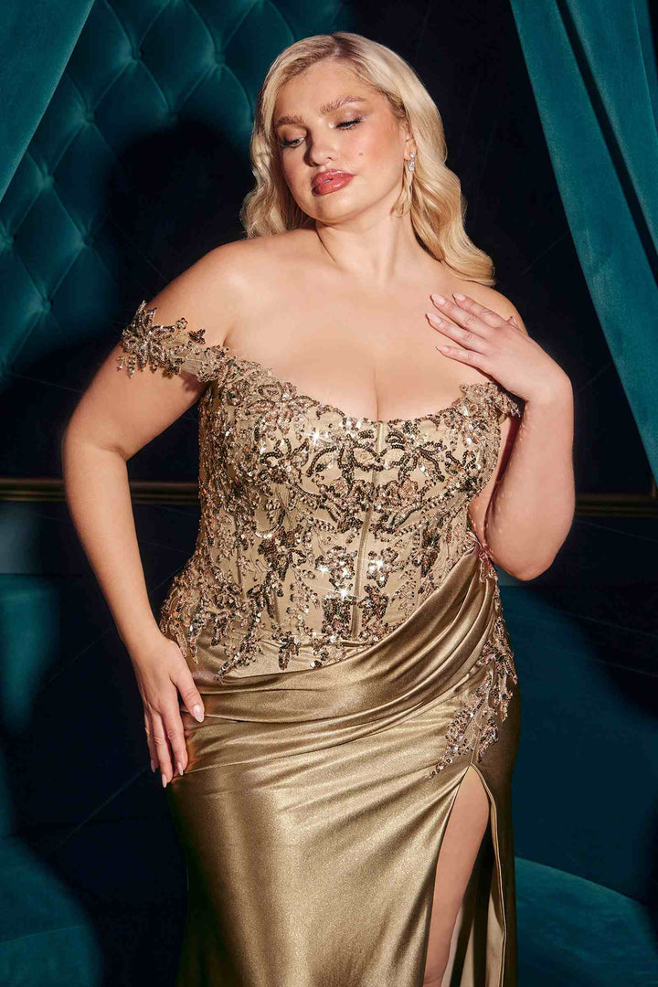 CLEARANCE - Ladivine CDS537C Off The Shoulder Lace & Satin Black Dress (Size 20)
