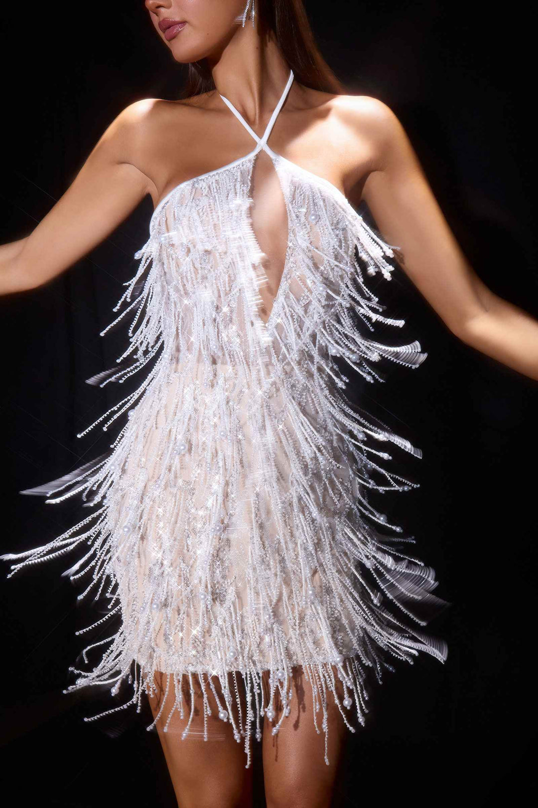 Ladivine CDS574 Fringe Beadwork Halter Fitted Mini Dress