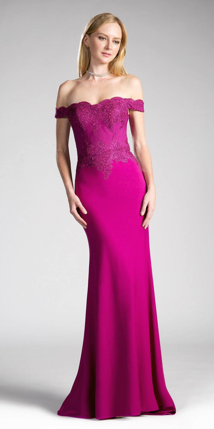 Cinderella Divine CF158 Off Shoulder Floor Length Evening Gown Applique Bodice