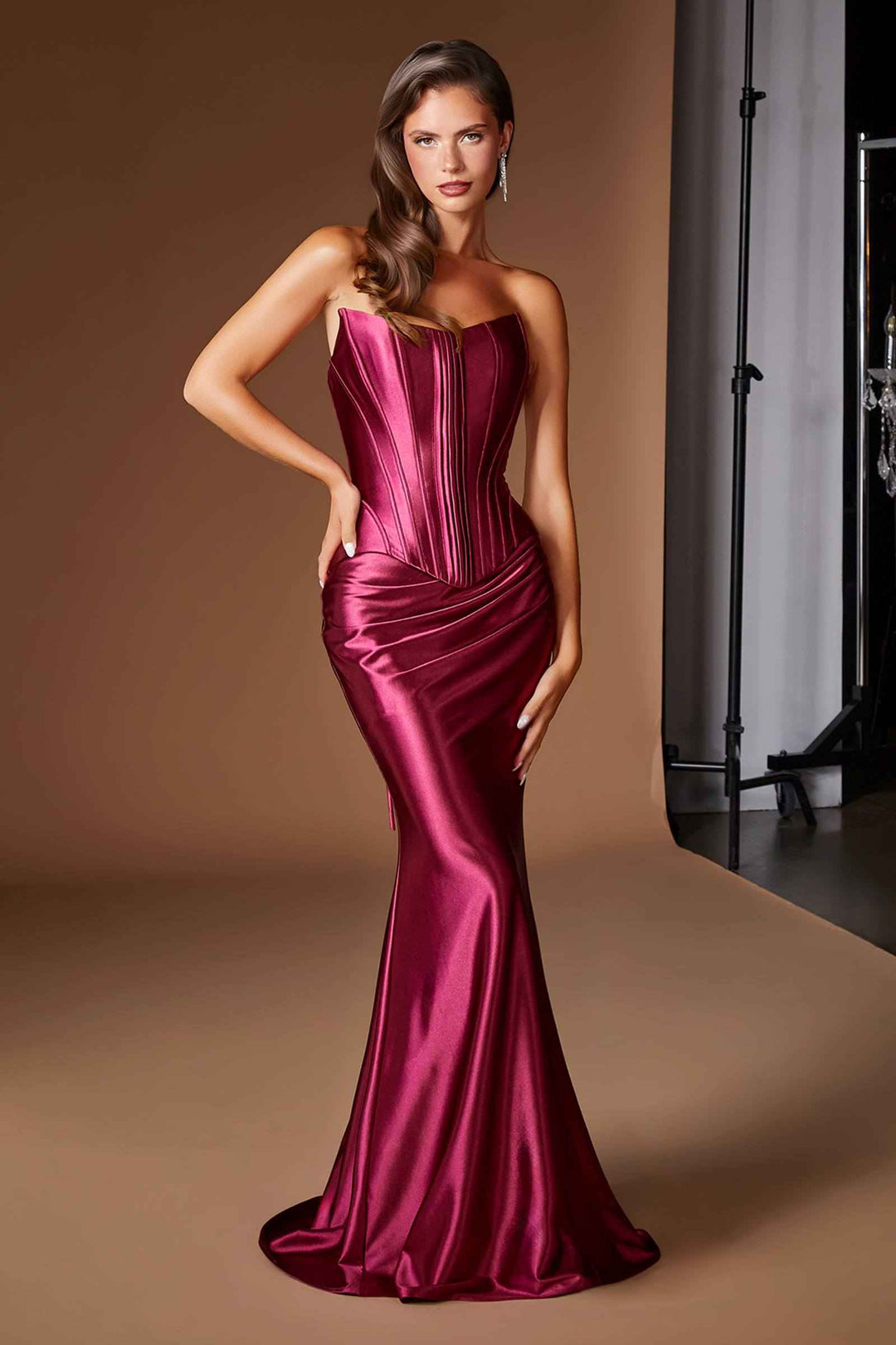 Ladivine CH2602 Strapless Corset Bodice Two Piece Fitted Luxe Satin Gown