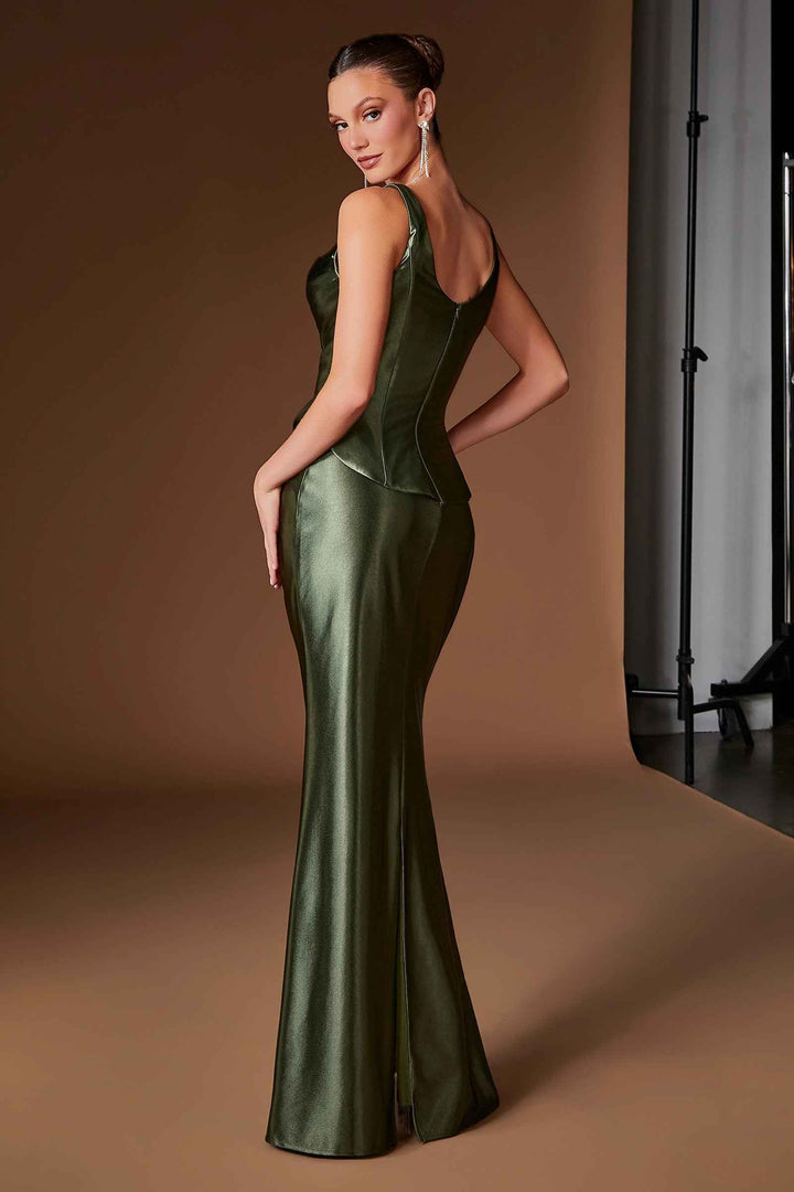 Ladivine CH2604 Square Neck Satin Fitted Evening Gown with Draped Waist