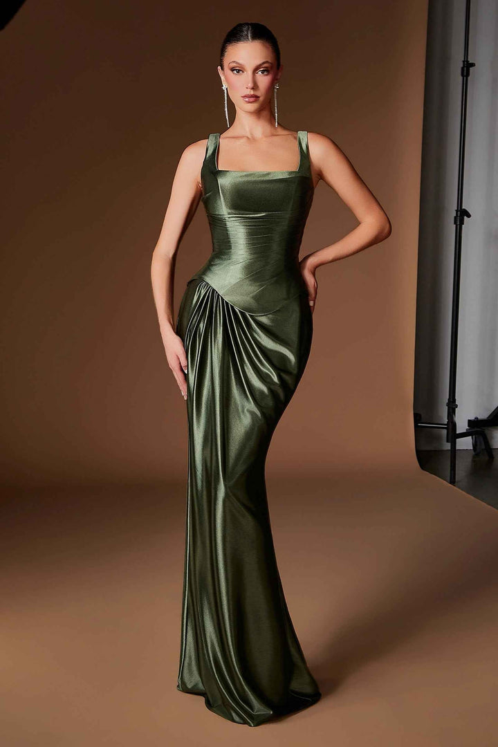 Ladivine CH2604 Square Neck Satin Fitted Evening Gown with Draped Waist