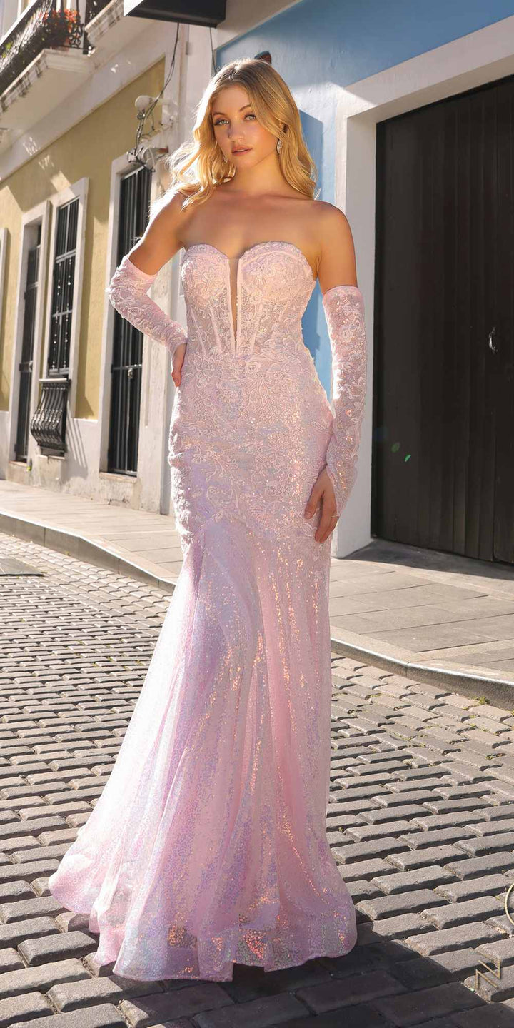 Nox Anabel D1263 Long Strapless Sequin Mermaid Dress Removable Gloves