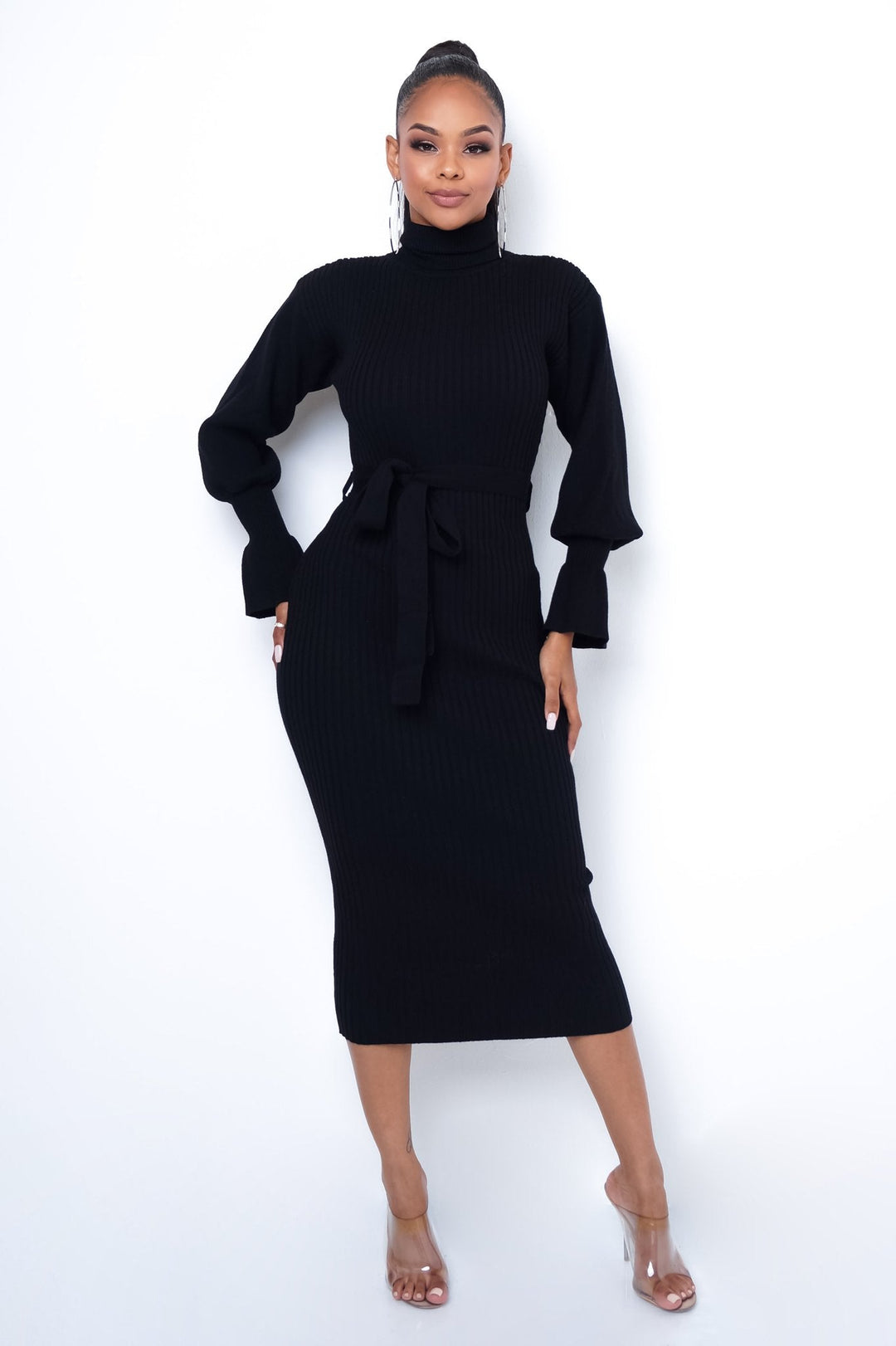 Black Smocked Neck Midi Dress