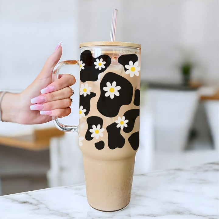Daisy Cow Print Glass Cup