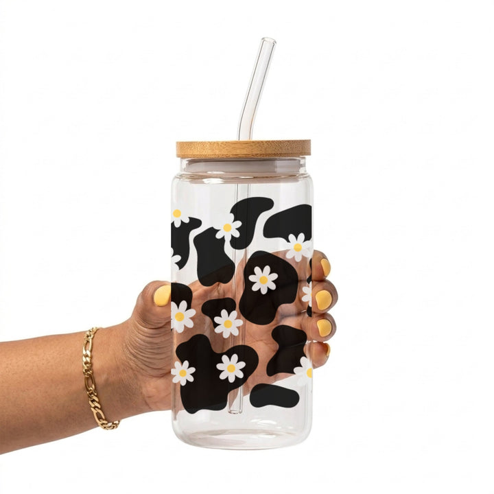 Daisy Cow Print Glass Cup