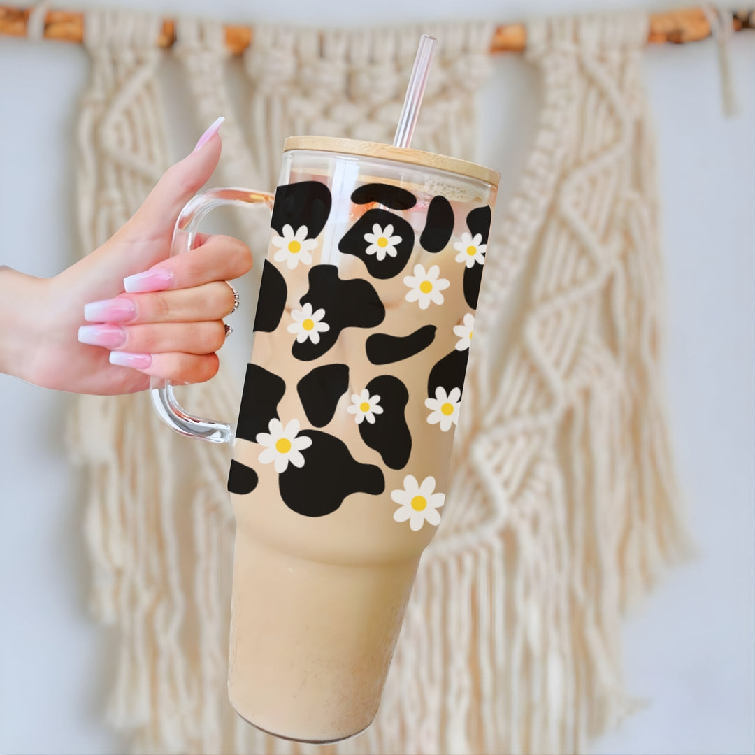 Daisy Cow Print Glass Cup