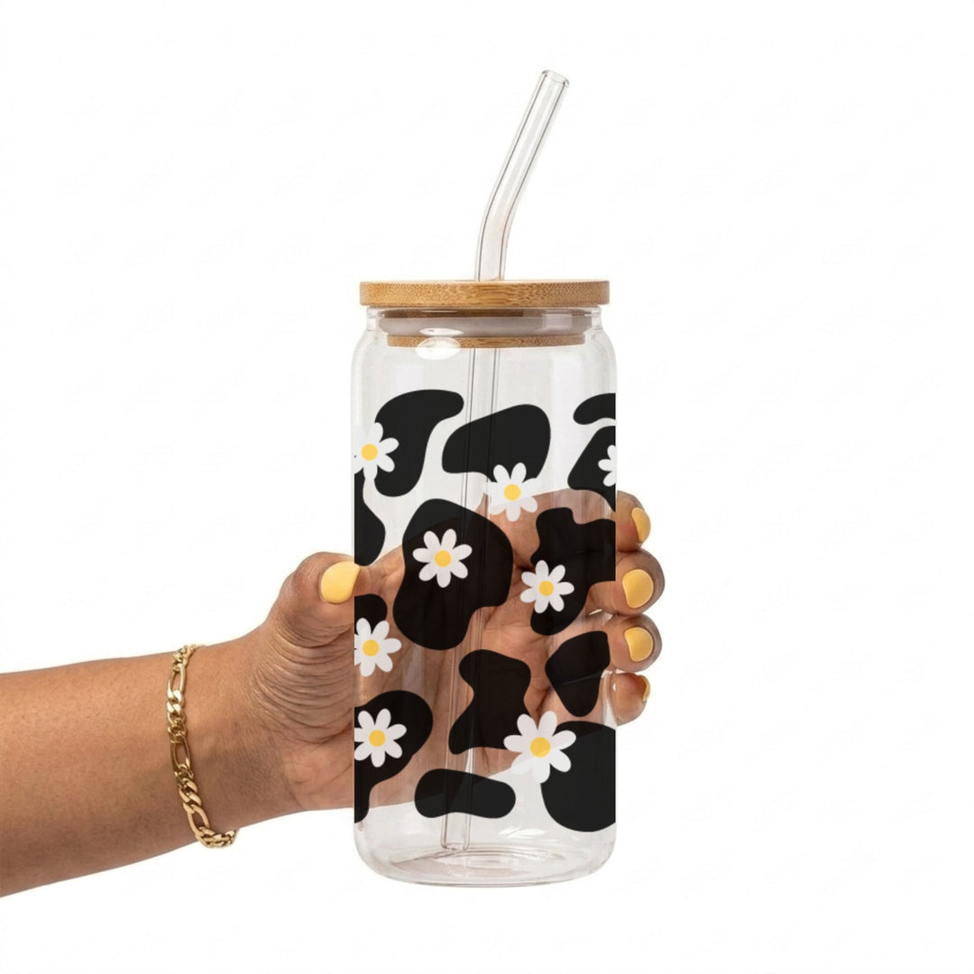 Daisy Cow Print Glass Cup