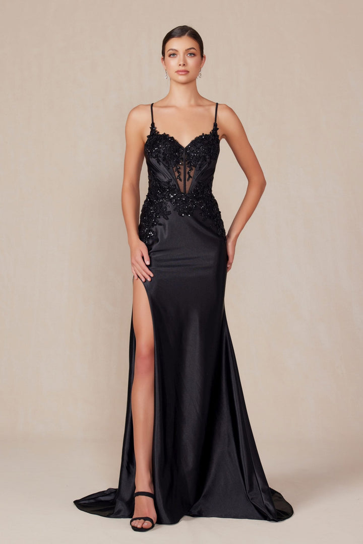 Nox Anabel E1488 Luxurious Shiny Satin Material A Sweetheart Neckline & Slit