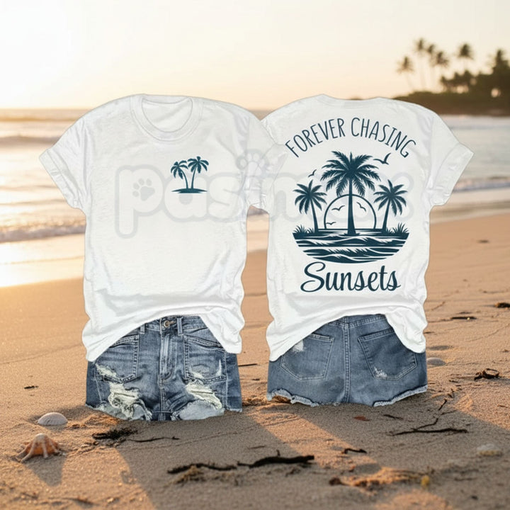 "Forever Chasing Sunsets" Graphic T-Shirt - Aesthetic Nature Adventure Tee, Premium 100% Cotton Wanderlust Top, Retro Golden Hour Beach Shirt, Inspirational Sunset Lover Gift, Soft Lived-In Summer Travel Apparel